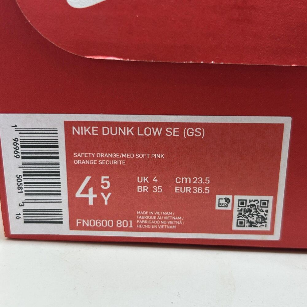Nike Dunk Low SE Shoes Youth Size 4.5Y Safety Orange Soft Pink Gum GS FN0600-801 - Picture 2 of 9